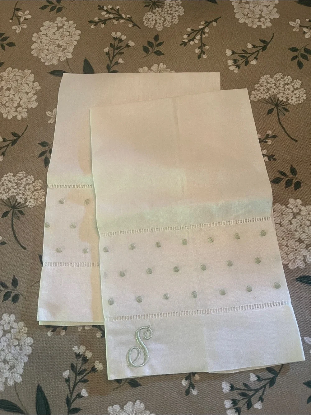 Set of Monogrammed “S” White Linen Guest Towels with Pale Green Embroidery